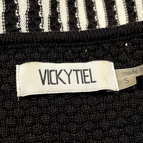 Vicky Tiel Dress 3/4 Sleeve Retro Mod Monochrome Stripe Black White Size Small - Picture 3 of 7